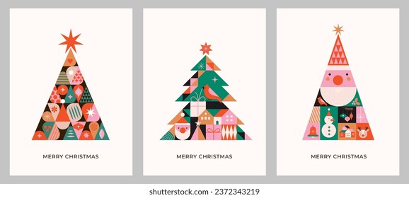 Árboles de Navidad de estilo geométrico minimalista moderno. Plantillas de historias, afiches, tarjetas. Ilustración colorida al estilo de las caricaturas planas. Árboles de navidad con patrones geométricos, estrellas y vector abstracto