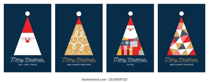 Christmas trees in modern minimalist geometric style. Story templates, posters, cards. Colorful illustration in flat cartoon style. Xmas trees with geometrical patterns, stars and abstract vector