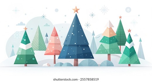 Christmas trees in modern minimalist geometric style. Story templates, posters, cards. Colorful illustration in flat cartoon style. Xmas trees with geometrical patterns, stars and abstract vector illu