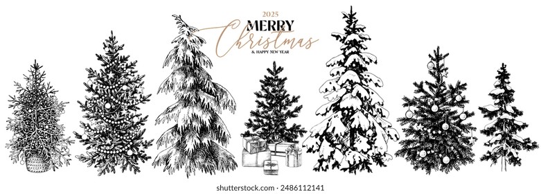 Christmas trees monochrome hand sketched set