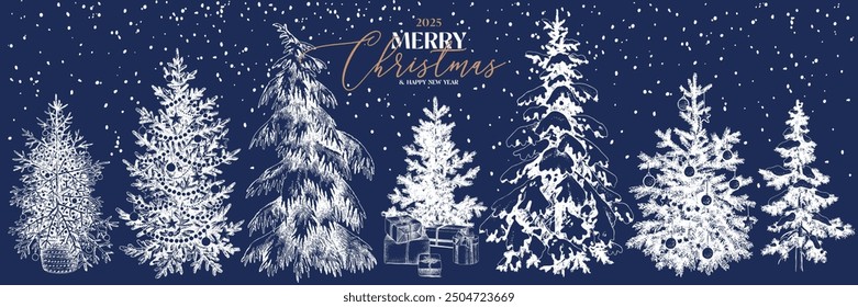 Christmas trees monochrome hand sketched set