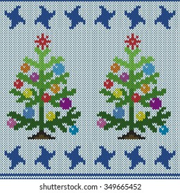 Christmas trees with multicolour ornate details makes in stylized knitting employment, seamless vector pattern