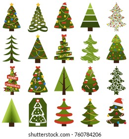 Christmas trees in natural condition and decorated for holiday isolated cartoon flat vector illustrations set on white background.