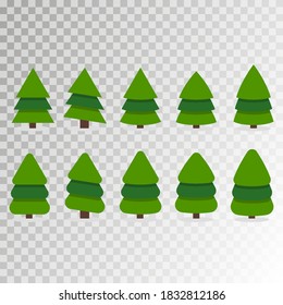 Christmas trees in natural condition. Christmas tree set. New Years and xmas traditional symbol tree with garlands, light bulb, star. Winter holiday. 