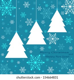 Christmas trees on the background of snowflakes . Vector illustration 