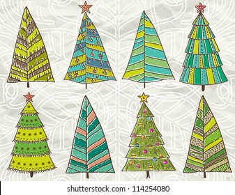 christmas trees  on beije crumple background, vector illustration