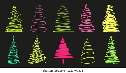 Christmas trees on black. Set on isolated background. Objects for banners, posters, t-shirts and textiles