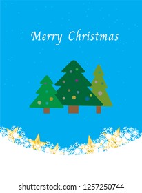 Christmas trees on blue background with golden star, snows and snowflakes