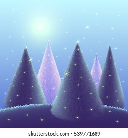 Christmas trees on blue background landscape with stars. Magic forest  in the night sky. Vector illustration greeting card Merry Christmas and Happy New Year. Template.
