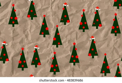 Christmas trees on a crumpled paper background.Seamless pattern. Vector illustration