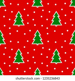 Christmas trees on red background seamless pattern. Vector illustration.