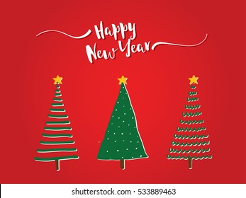 Christmas trees on red background. Happy new year