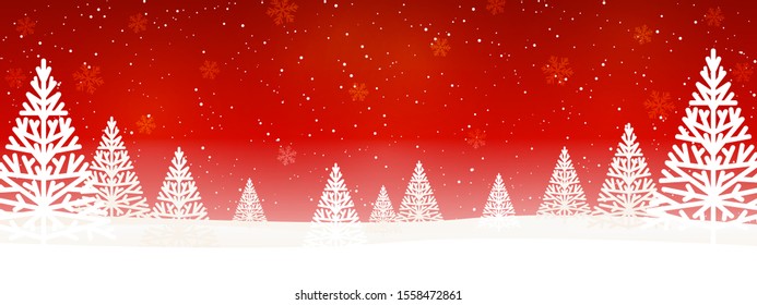 Christmas trees on red starry background - horizontal panoramic banner for Your design