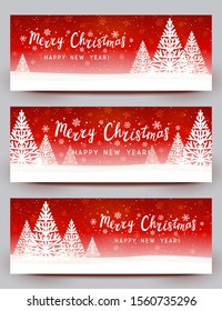 Christmas trees on red starry background - set of vector horizontal panoramic banners for holiday design