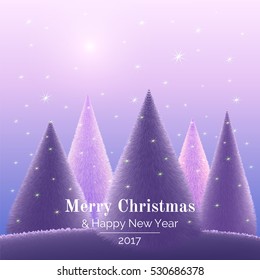 Christmas trees on violet background landscape. Magic forest  in the night sky. Vector illustration greeting card Merry Christmas and Happy New Year. Template. 