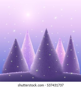 Christmas trees on violet background landscape. Magic forest  in the night sky. Vector illustration background Merry Christmas and Happy New Year. Template.