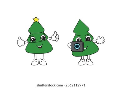Christmas trees on a walk with a camera. Tourists smile on a white background. Hand-drawn vector illustration.