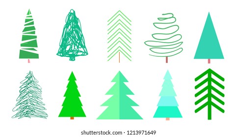 Сolorful christmas trees on white. Set for design on isolated background. Geometric art. Universal colored collection. Objects for polygraphy, posters, t-shirts and textiles