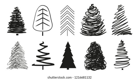 Christmas trees on white. Set for icons on isolated background. Geometric art. Objects for polygraphy, posters, t-shirts and textiles. Black and white illustration