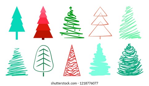 Christmas trees on white. Set for icons on isolated background. Geometric art. Universal coloful collection for trendy design. Abstract objects for flyers, posters, t-shirts and textiles