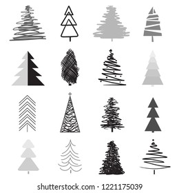 Christmas trees on white. Set for icons on isolated background. Geometric elements. Holiday objects for flyers, posters, t-shirts and textiles. Black and white illustration