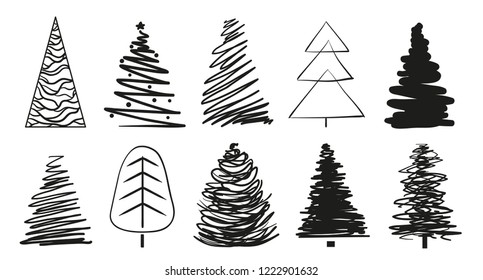 Christmas trees on white. Set for icons on isolated background. Geometric art. Objects for polygraphy, posters, t-shirts and textiles. Black and white illustration