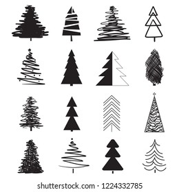 Christmas trees on white. Set for icons on isolated background. Geometric art. Objects for polygraphy, posters, t-shirts and textiles. Black and white illustration