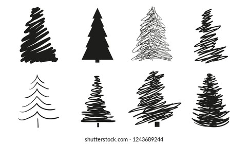 Christmas trees on white. Set for icons on isolated background. Geometric art. Objects for polygraphy, posters, t-shirts and textiles. Black and white illustration