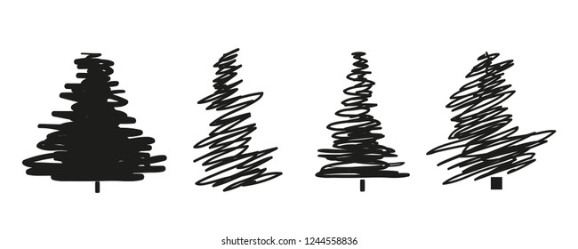 Christmas trees on white. Set for icons on isolated background. Geometric art. Objects for polygraphy, posters, t-shirts and textiles. Black and white illustration