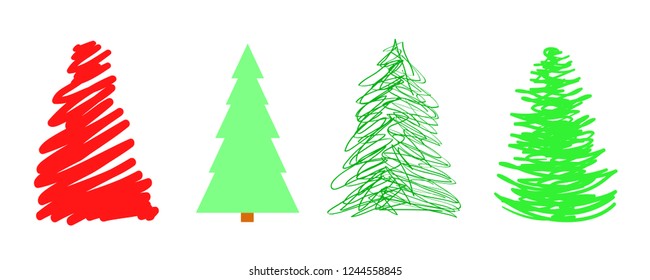 Christmas trees on white. Set for icons on isolated background. Geometric art. Objects for polygraphy, posters, t-shirts and textiles. Colored illustration