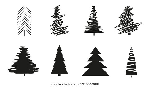Christmas trees on white. Set for design on isolated background. Geometric art. Objects for polygraphy, posters, t-shirts and textiles. Black and white illustration