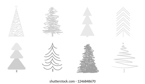 Christmas trees on white. Set for icons on isolated background. Geometric art. Objects for polygraphy, posters, t-shirts and textiles. Black and white illustration