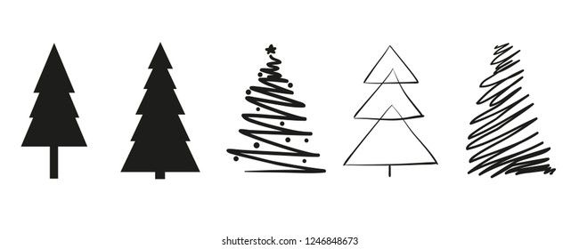 Christmas trees on white. Set for icons on isolated background. Geometric art. Objects for polygraphy, posters, t-shirts and textiles. Black and white illustration