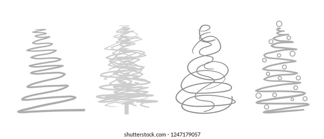 Christmas trees on white. Set for icons on isolated background. Geometric art. Objects for polygraphy, posters, t-shirts and textiles. Black and white illustration