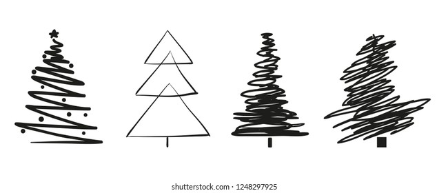 Christmas trees on white. Set for icons on isolated background. Geometric art. Objects for polygraphy, posters, t-shirts and textiles. Black and white illustration