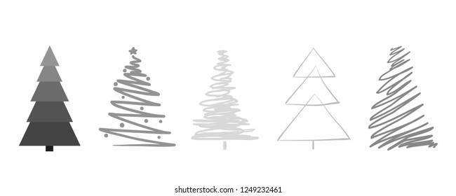 Christmas trees on white. Set for icons on isolated background. Geometric art. Objects for polygraphy, posters, t-shirts and textiles. Black and white illustration