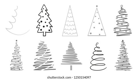 Christmas trees on white. Set for icons on isolated background. Objects for polygraphy, posters, t-shirts and textiles. Black and white illustration