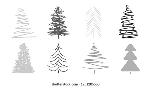 Christmas trees on white. Set for icons on isolated background. Geometric art. Objects for polygraphy, posters, t-shirts and textiles. Black and white illustration