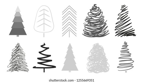 Christmas trees on white. Set for design on isolated background. Geometric art. Objects for polygraphy, posters, t-shirts and textiles. Black and white illustration