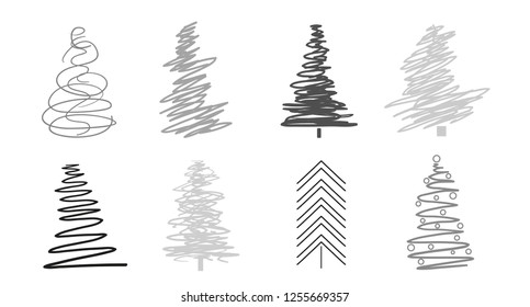 Christmas trees on white. Set for design on isolated background. Geometric art. Objects for polygraphy, posters, t-shirts and textiles. Black and white illustration