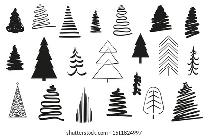 Christmas trees on white. Set on isolated background. Objects for design. Black and white illustration
