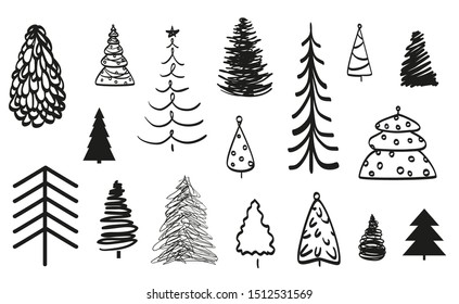 Christmas trees on white. Set on isolated background. Black and white illustration