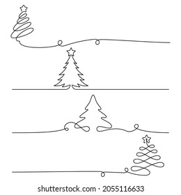 Christmas trees in one line drawing style. Editable stroke.