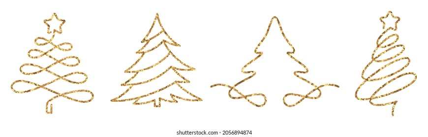 Christmas trees one line drawing style with gold sparkle effect.