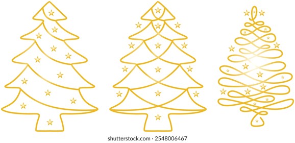 Árboles de Navidad de una línea de estilo de dibujo con efecto de chispa de oro. Árbol de Navidad con estrellas Vector