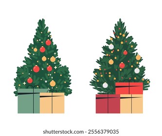 Christmas trees with ornaments and gifts colorful festive decorations green red gold presents holiday design