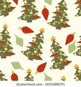 Christmas trees and ornaments seamless pattern. Vector illustration