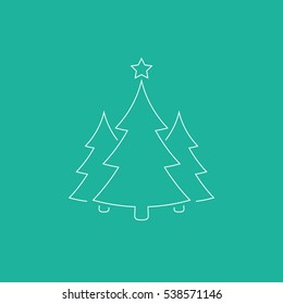 Christmas trees outline icon, vector simple design. White symbol of fir-tree, isolated on green background.