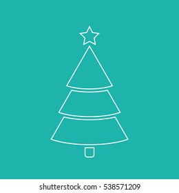 Christmas trees outline icon, vector simple design. White symbol of fir-tree, isolated on green background.