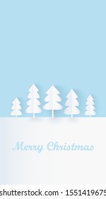Christmas trees in paper style, merry christmas greeting card. 3D postcard. Winter landscape, vertical.